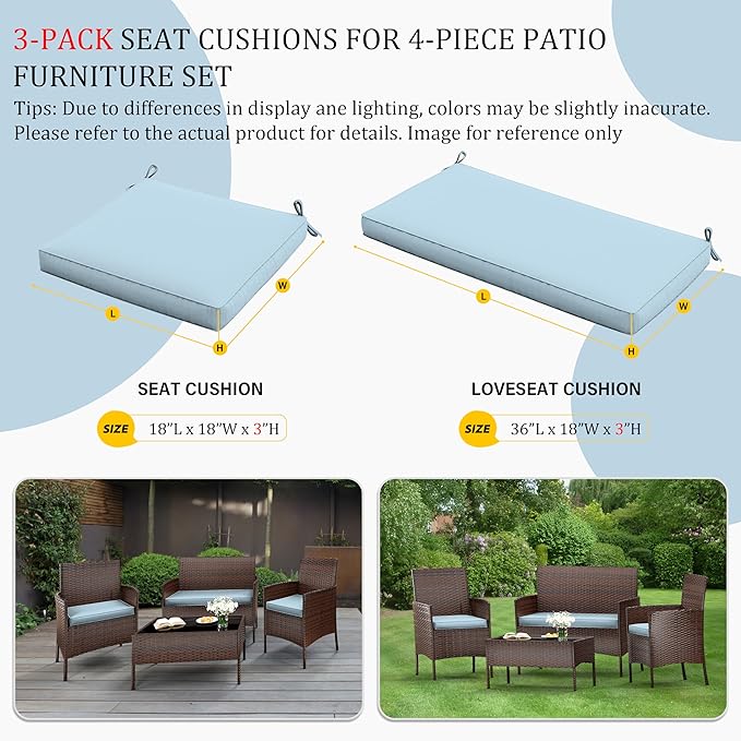 3 Pack Outdoor Replacement Cushions, Fit for 4-Seater Wicker Rattan Patio Conversation Set, 36x18x3,18x18x3, Liner & Cover