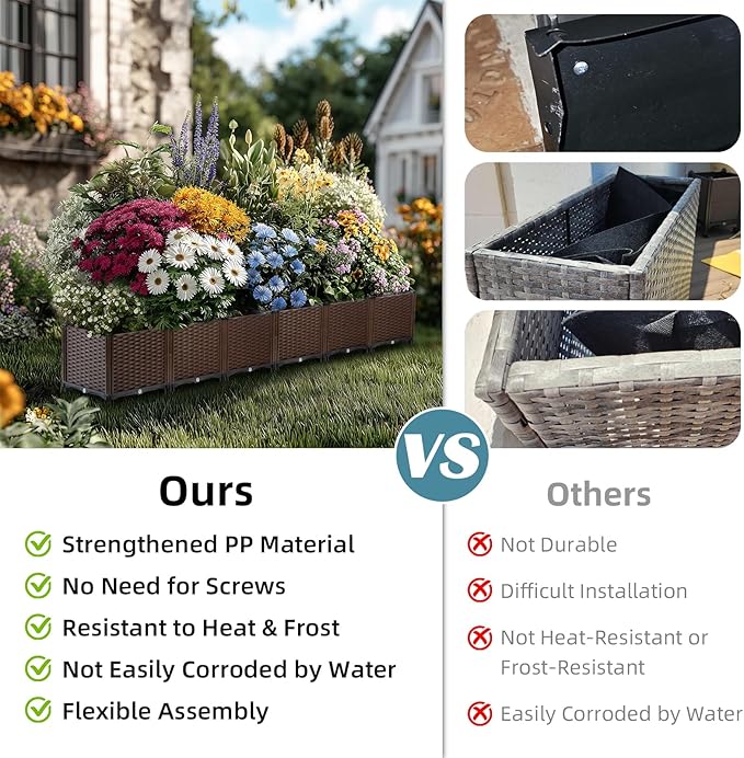 Large Rattan Planter Outdoor-Elevated Garden Box with Drain Outlet 95"L x 16"W x 15"H, Self Watering Raised Garden Beds Deep Elevated Planter Box for Vegetables, Flowers, Herbs Standing Gardening Kit
