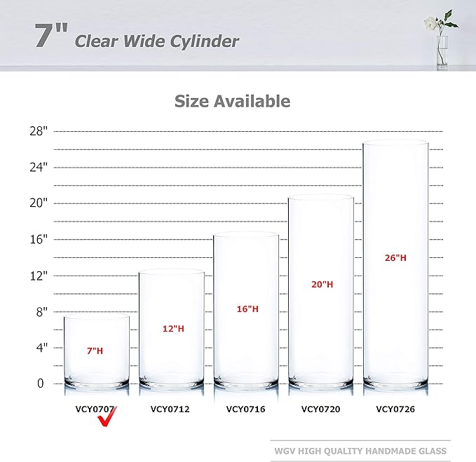 WGVI Thick Weighted Clear Right Cylinder Glass Vases, 7" W x 7" H, Equilateral Cylinder Glass Candle Holders Flower Arrangement Centerpieces Tabletop Storage Container Home Decor, 1 Piece