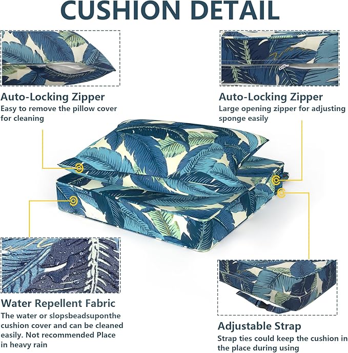 Outdoor Deep Seat Cushion Set, Water Repellent 24"x24" Patio Thick Cushions Replacement with Seat & Back Pillow for Patio Sofa, Wicker Chair, Couch - Swaying Palms Blue