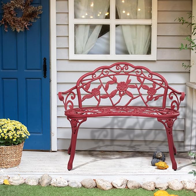 Outvita Outdoor Cast Aluminium Bench - Anti-Rust Weather Resistant Patio Bench, Rose Pattern, 39" H x 59" L x 22" D