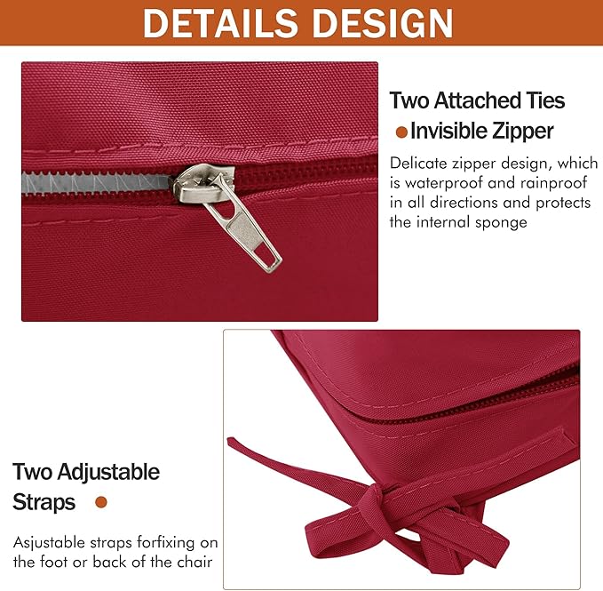 Outdoor Chair Cushions 16 x 17 Inch, Set of 4, Water Resistant Patio Chair Cushions with Tie 3 Year Color Fastness Thick Outdoor Seat Cushion for Garden Lawn Patio Furniture Burgundy