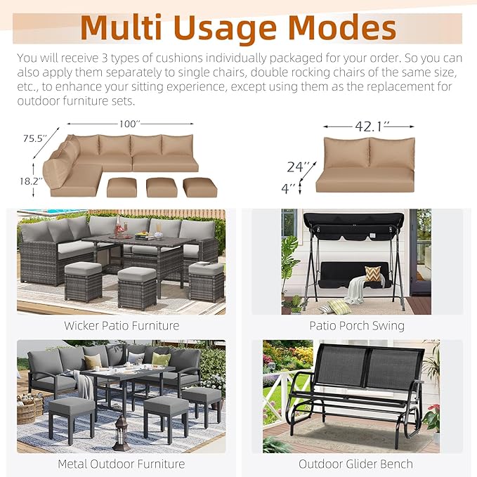 U-MAX Outdoor Cushions, 4 inch Memory Foam Patio Replacement for Outdoor Furniture, Fits 7-Seats Sectional Rattan Conversation Set, Splashproof Covers (Beige)