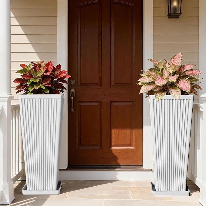 Tapered Tall Planters for Outdoor Plants 2 Pack- 23.6 Inch Square Indoor Flower Pots with Drainage Holes and Partition/Tray Saucers, Large Outdoor Planters for Porch Patio Garden, White