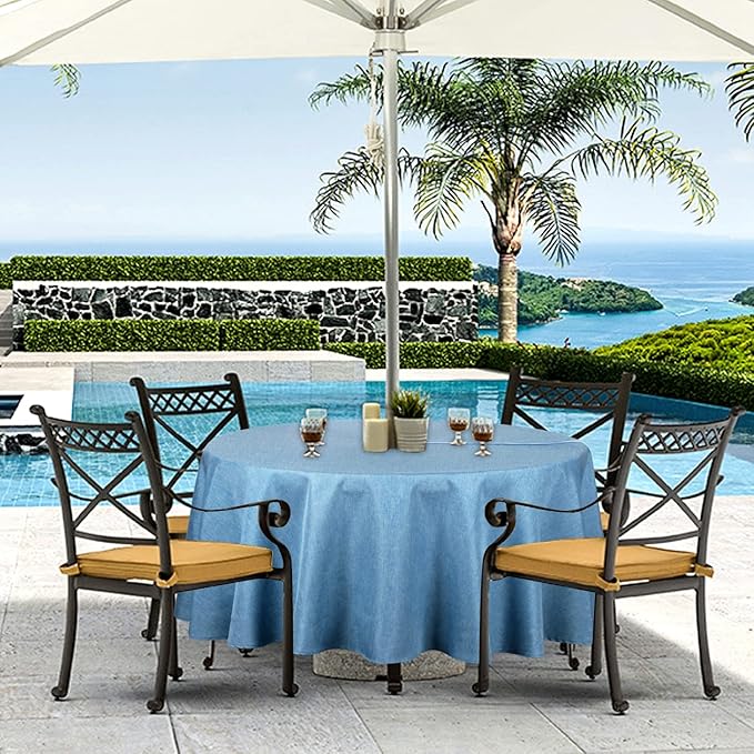 Outdoor Tablecloth Wrinkle-Free Stain Resistant Waterproof Polyester Fabric Table Cover with Zipper Umbrella Hole for Picnic/Party/Dinner/Patio Garden(70inch Round,Zippered,Water Blue)