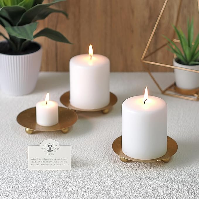 Hosley Set of 2 Gold Iron Pillar Candle Holder Plates – 4-Inch Decorative Round Trays for Pillar Candles – Ideal for Weddings, Special Occasions, Home Décor, and Pedestal Displays