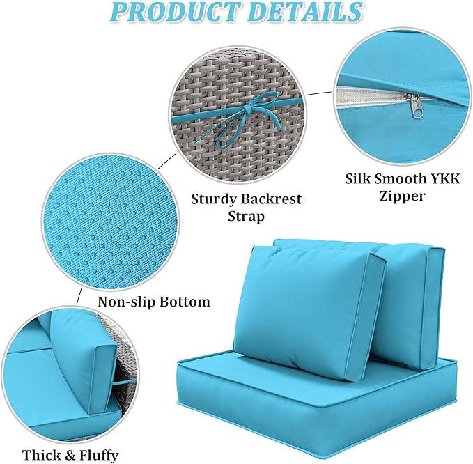 14-Piece Outdoor Cushions for Patio Furniture Thick Outdoor Chair Cushions 5" Foam High-Density Water-Resistant Deep Seat Cushion for 6-Seat Sectional Sets Liner&Cover Lake Blue