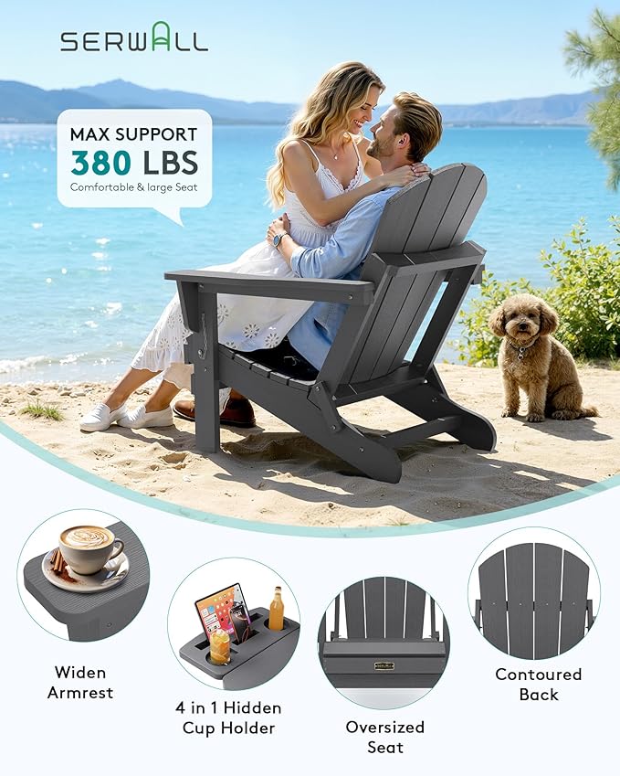 SERWALL Folding Adirondack Chair Set of 2, HIPS Adirondack Chairs with 4 in 1 Multi-Functional Cup Holder, Weather Resistant Plastic Chairs for Patio Garden Outdoors Fire Pit- Gray
