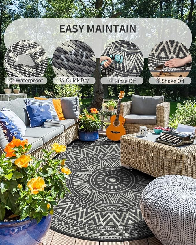 MontVoo Outdoor Rug Carpet Waterproof Round 10ft Outdoor Patio Rug Mat Reverisble Plastic Straw Outdoor Rug for RV Camping Picnic Beach Balcony Boho Grey
