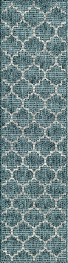 Unique Loom Outdoor Trellis Collection Area Rug (2' x 8' Runner, Teal/ Gray)