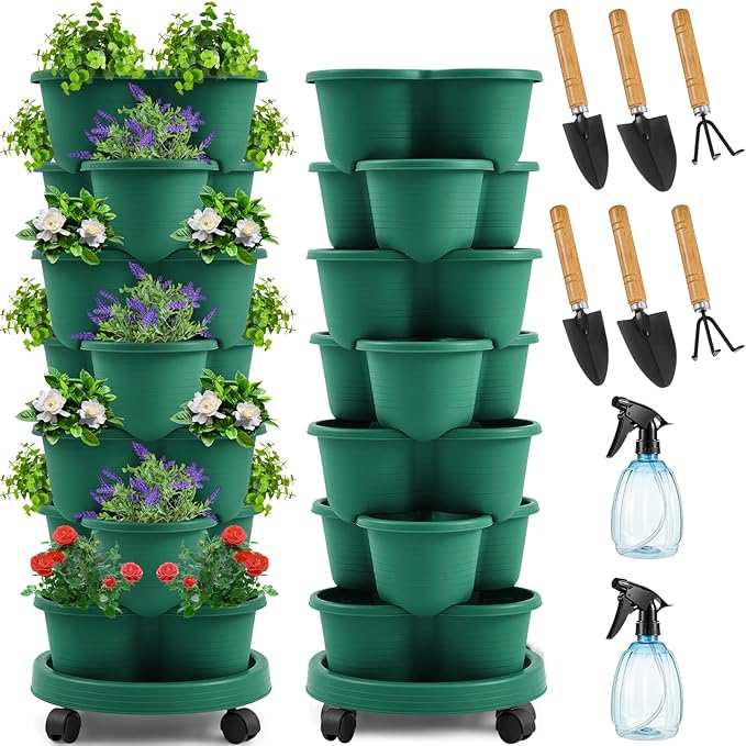 Umigy 1 Set Green 7 Tier Stackable Vertical Planters with Removable Wheels and Tools Tower Planters Strawberry Herb Flower Vegetable Pots Indoor Outdoor Gardening Pots