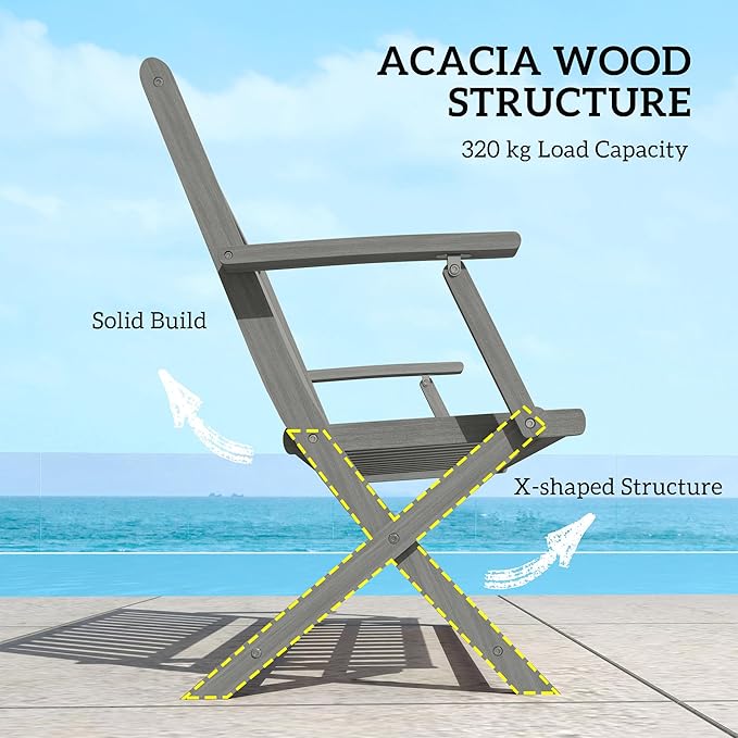 Outsunny Wood Outdoor Bench, 2-Person Foldable Patio Acacia Wood Garden Bench with Backrest and Armrests for Garden, Porch, Park, Balcony, Gray
