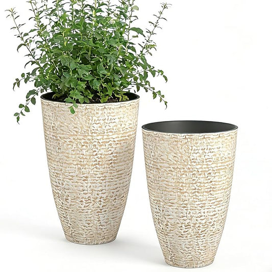 QCQHDU Tall Round Planters for Outdoor Plants - 14" Dia x 21" H - 2 Pack Stone Finish Plant Tree Flower Pots for Home Garden Decor