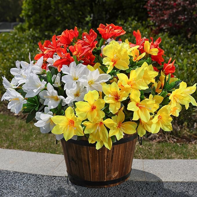 INSPRING Artificial Flowers for Outdoors, 3 Bundles Fake Silk Azalea Flower Faux Plants Outside Decoration UV Resistant Realistic Spring Outdoor Flowers for Planter Porch Patio Garden Walkways Home
