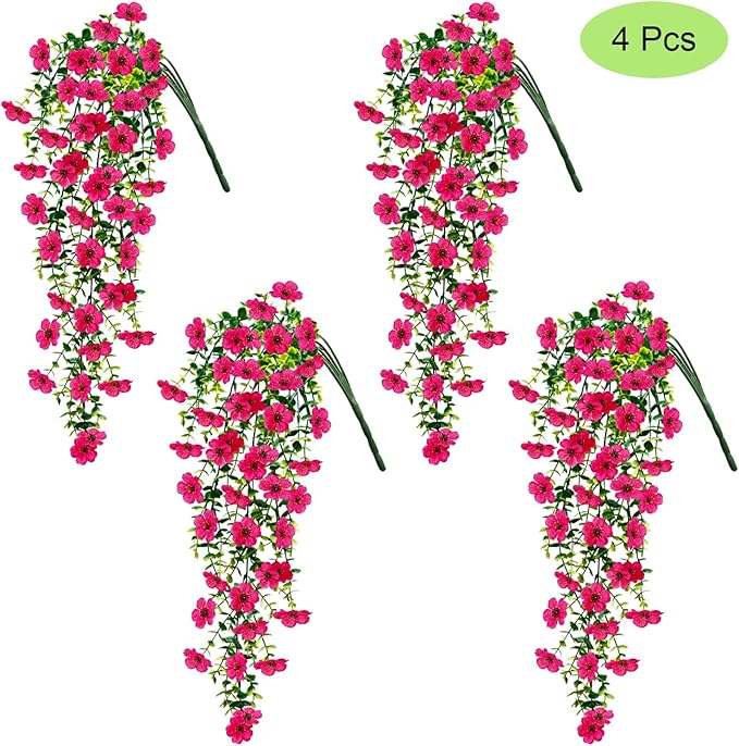 4 Pcs Fake Outdoor Artificial Flowers For Outdoors Uv Resistant, Plastic Flowers For Outdoors, Fake Hanging Plants Faux Flowers For Outdoor Planters, Silk Spring Flowers For Outside Porch（Rose Red）