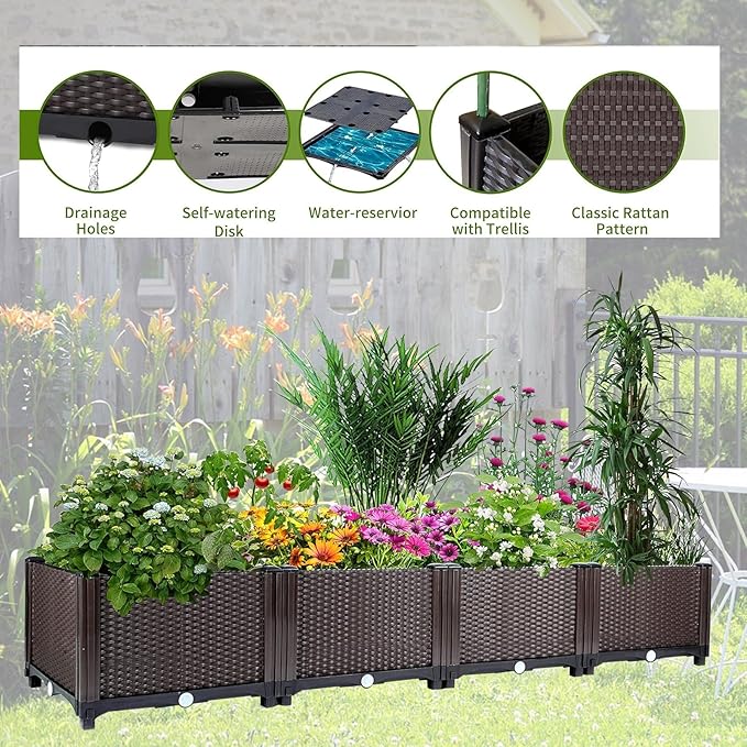 63"x16"x8" Large Outdoor Raised Planter Box, Self-Watering Rectangular Garden Bed with Drainage Plug, Deep Elevated Planter for Patio, Balcony, Deck