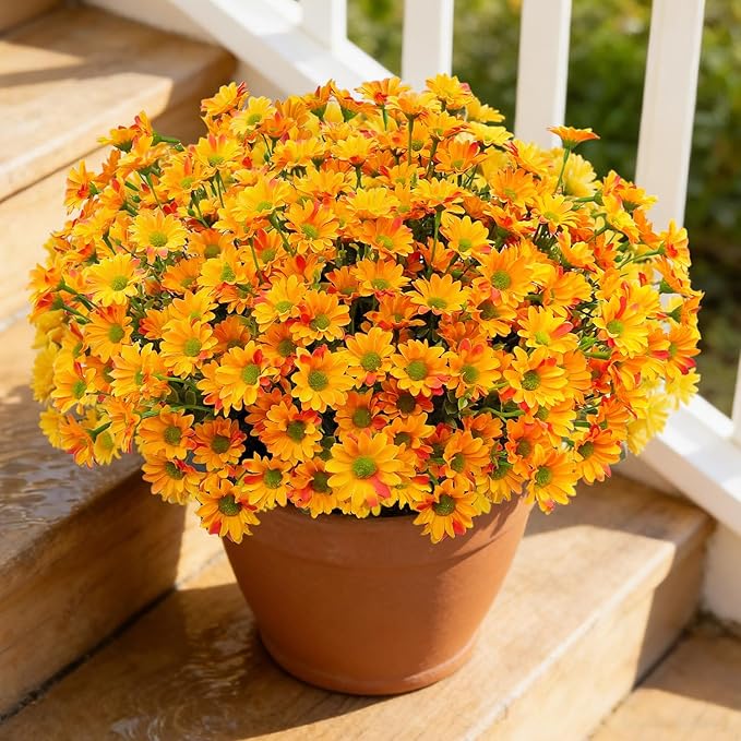 16 Bundles Silk Daisy Artificial Flowers for Outdoors UV Resistant Fake Daisies Plastic Plants Flower for Home Outside Front Door Porch Garden Patio Planters Decoration (Orange)