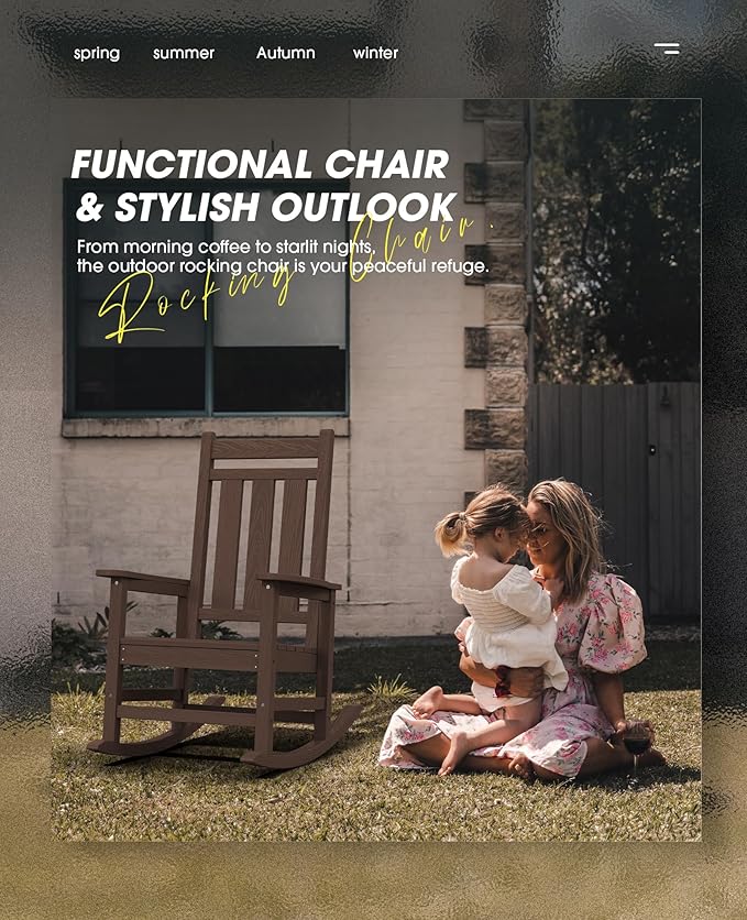 KINGYES Outdoor Rocking Chair, All-Weather Patio Rocking Chairs for Porch, HDPE Rocking Outdoor Chairs with High Back for Adult, Heavy Duty Outdoor Patio Rockers for Garden, Lawn, Coffee
