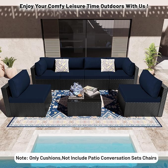 14 Piece Outdoor Sectional Cushions, Water-Resistant Outdoor Sofa Cushions Replacement, 4" High Density Foam Patio Furniture Cushions Fits 6-seat Rattan Conversation Set (Navy Blue)