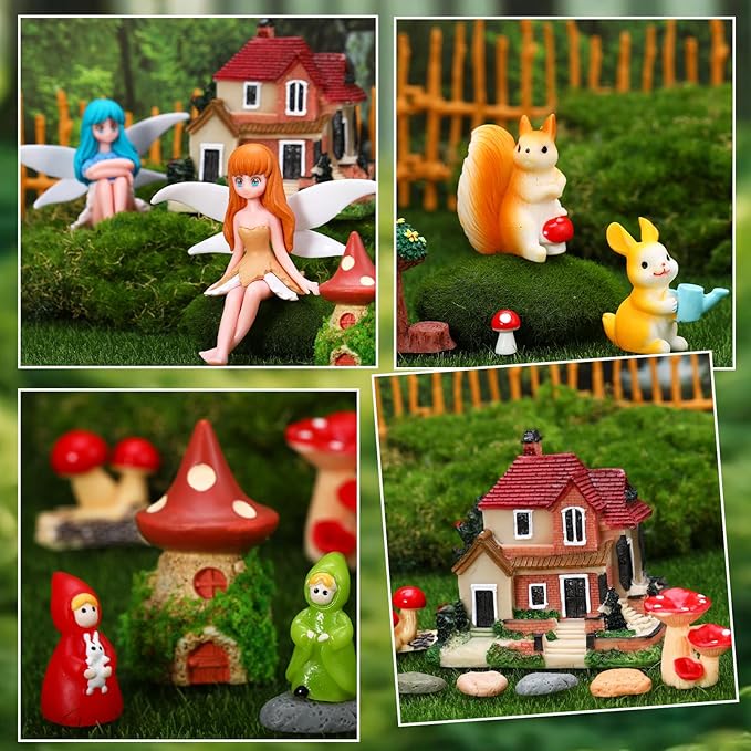 Fairy Garden Accessories, Miniature Garden Ornaments Included Mini Fairy Figures Tiny Gnome Figurines Enchanted Tiny House Set for DIY Landscape Potted Plants Dollhouse Desk Decor