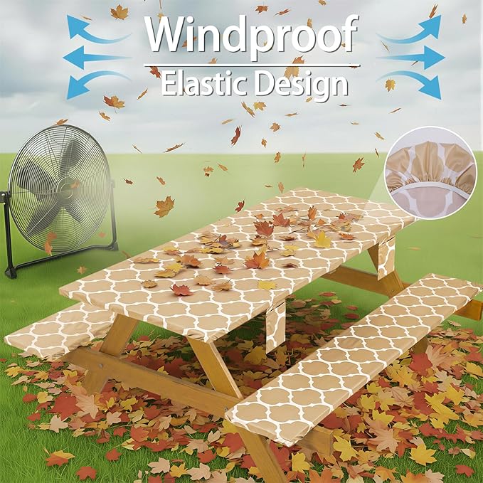 Fitted Waterproof Picnic Table Cover with Bench Covers Elastic Edges Camping Tablecloth for 8 Foot Rectangle Tables Camp Cooking Motorhome Party Equipment Car Rv Travel Trailer Needs Gifts