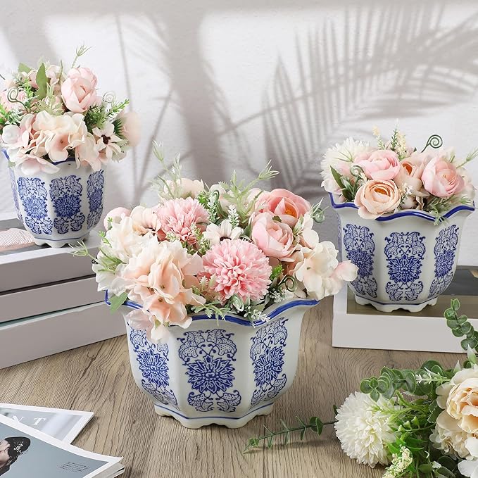 Set of 3 Blue and White Porcelain Flower Pots 7.2'' 6'' 4'' Decorative Chinoiserie Plant Pots with Drainage Hole Saucers Ceramic Planters for Indoor Garden(Classic Style)