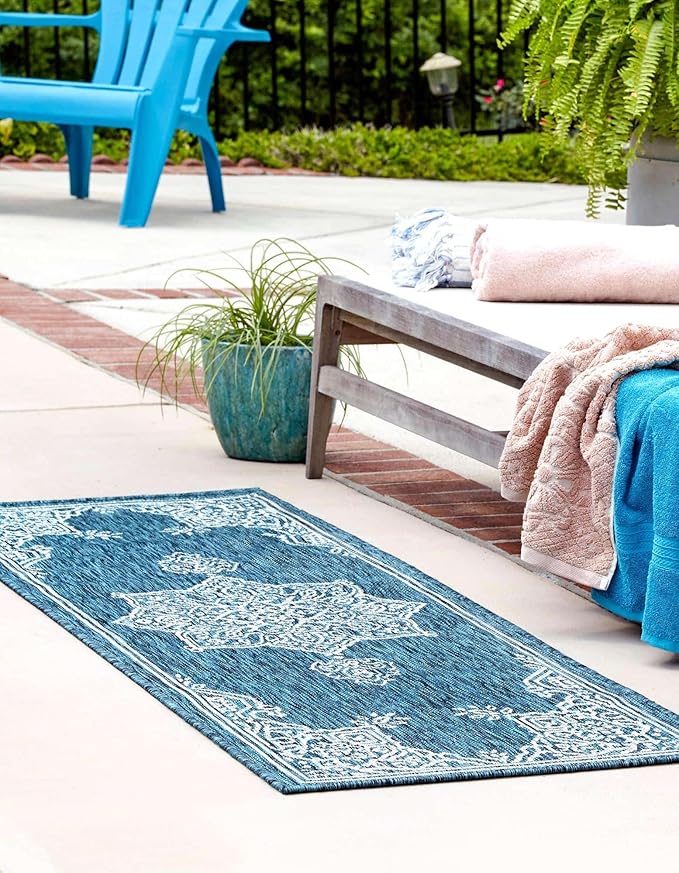Unique Loom Outdoor Traditional Collection Area Rug - Antique (2' 7" x 10' Runner Teal/Ivory)