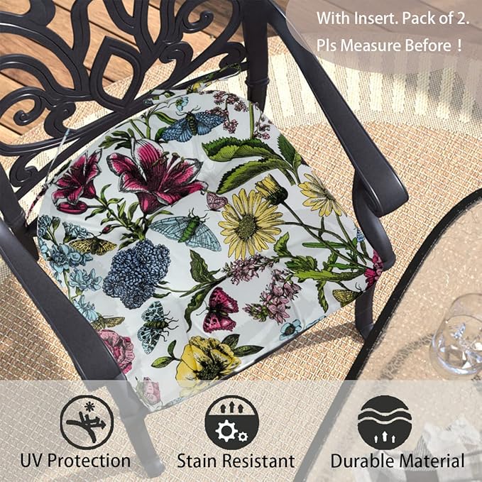 FUNHOME Outdoor Chair Cushions 19 x19 Inch,Water Resistant Tufted Seat Cushions 19",Reversible,Weather Resistant,Rounded Back Wicker Chair Cushion for Patio Garden Furniture(Butterfly Flower)