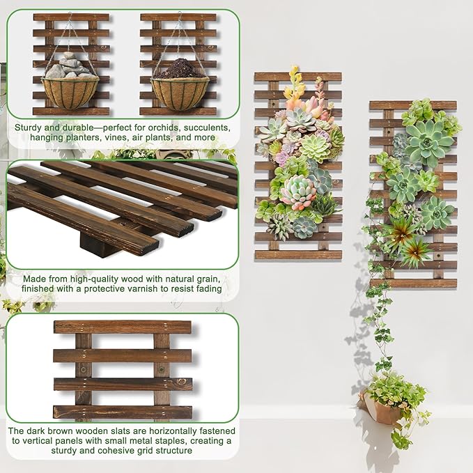 2 Pcs Wall Planters - 11.4"W x 23.62"H Wooden Wall Planters for Indoor Outdoor Plants,Hanging Wood Wall Trellis,Wall Mounted Plant Holder for Orchids,Succulent,Air Plants,Hanging Pots Display