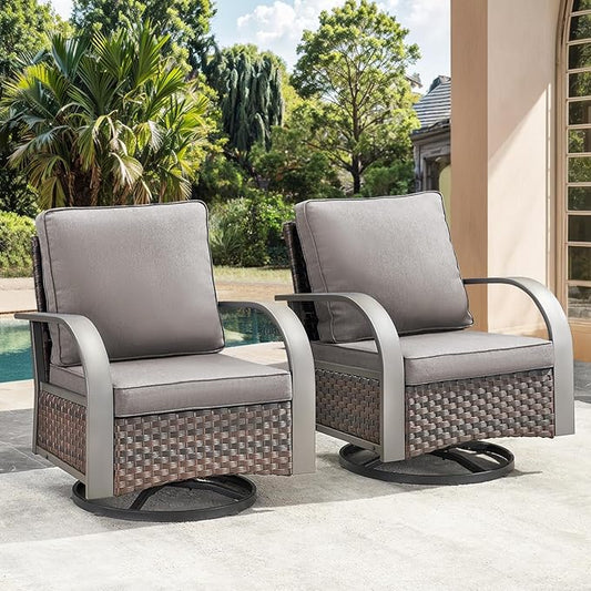 HUMMUH Patio Swivel Glider Outdoor Chair-All Weather Rattan Wicker Patio Swivel Rocking Chairs Porch Chair for Deck Porch Lawn Garden Backyard-Brown/Grey
