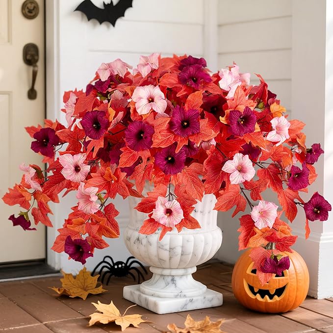 2Pcs Fake Fall Flowers for Outdoor Decoration Artificial Fake Silk Flowers Faux Fall Plants, Uv Resistant Autumn Flower for Garden Porch Balcony Realistic Thanksgiving Decor (Burgundy Pink)