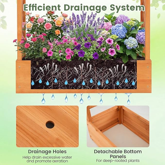 Raised Garden Bed with Trellis, Wood Planter Box w/Trellis, Hanging Roof, Drainage Holes, Freestanding Planter Raised Bed for Outdoor Climbing Plants Flowers, Patio Yard Balcony (2, Orange)