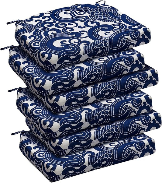 downluxe Outdoor Chair Cushions Set of 6 for Patio Furniture, Water-Resistant Patio Chair Cushions with Ties, High Density Foam Outdoor Seat Cushion, 17" X 16" X 2", Blue Carp