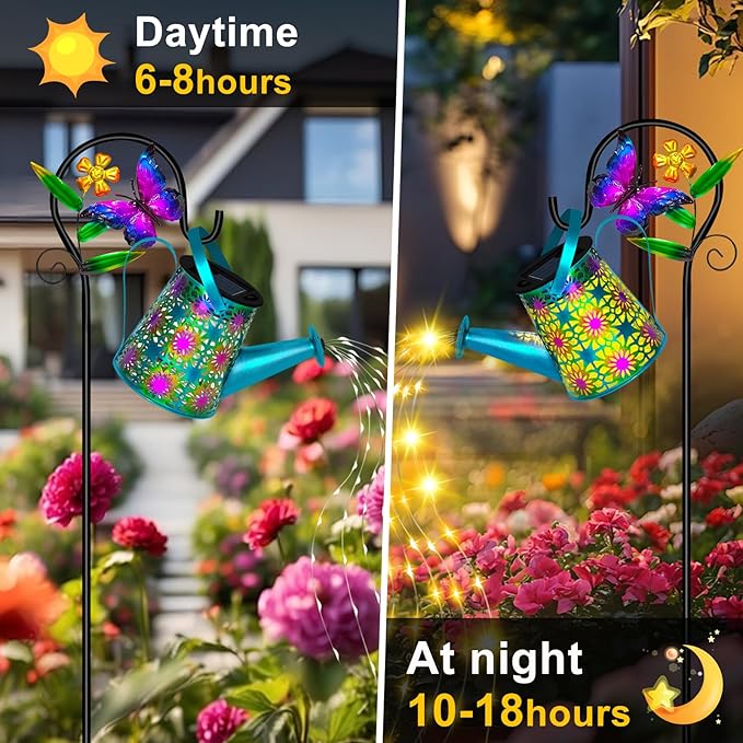 Christmas Gifts Solar Watering Can with Lights, Waterproof Solar Lantern with Butterfly Shepherd Hook, Hanging Garden Lights for Patio Yard Lawn Porch Outdoor Decoration, Unique Garden Gifts for Women