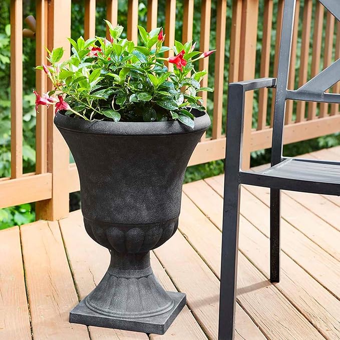 Southern Patio Winston 16 Inch x 21 Inch Urn Plastic Decorative Outdoor Planter Pot for Porch, Patio, or Garden with Removable Base, Matte Black