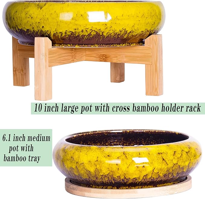 ARTKETTY Succulent Pots, Large Succulent Planter with Stand, 7.3/10 Inch Bonsai Planters with Drainage Trays Ceramic Pot for Indoor Cactus Flower Plants Set of 2