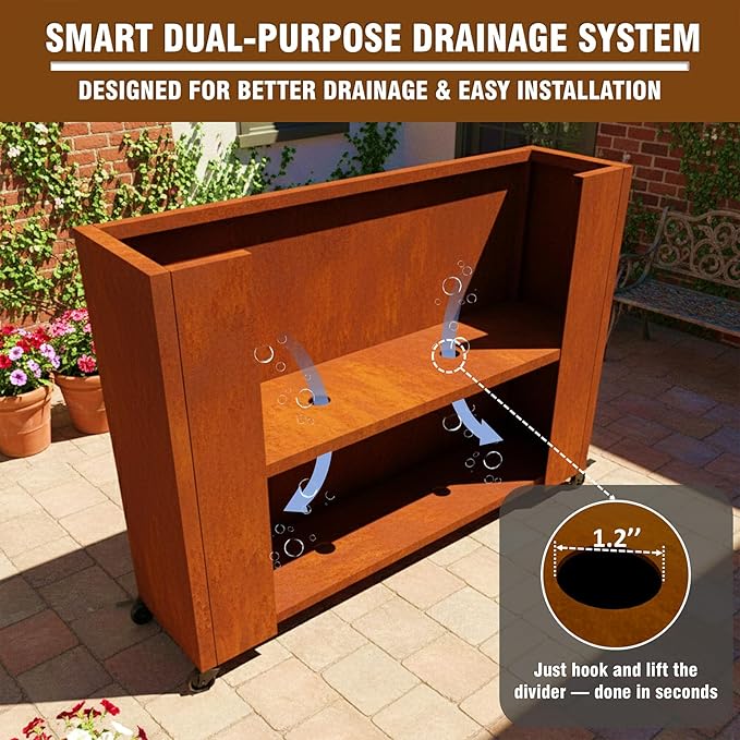 36" L x 9.3" W x 28.4" H Corten Steel Planter Box with Wheels & Removable Shelf – Rolling Raised Garden Bed with Rust Patina, Smart Drainage System, Outdoor Planter for Patio & Modern Décor
