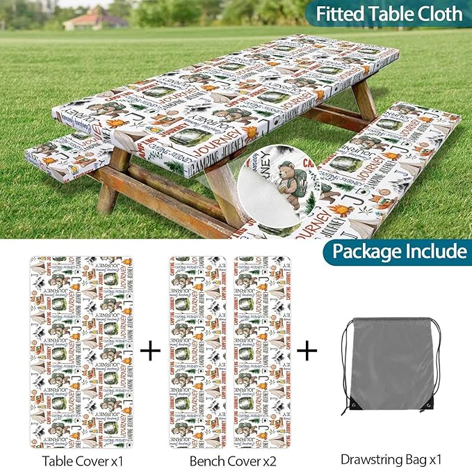 3PCS Picnic Table Cover with Bench Cover Adventure Bear Fox Forest Pattern Happy Camping Tablecloth Fitted Picnic Picnic Table Cover with Elastic Windproof Waterproof, Outdoor Camping Accessories 60IN