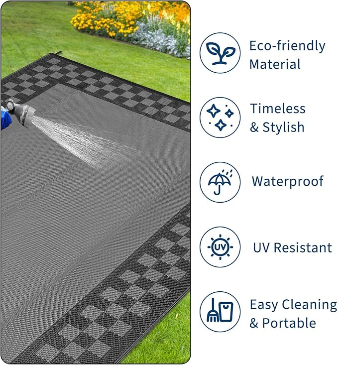 Garvee Outdoor Waterproof Rug 9x18 Large Modern Neutral Outdoor Patio Rugs, Reversible Fade-Proof & Weather Resistant Large Area Rug Mats for Rv Deck Porch Picnic Beach Balcony,Gray & Black