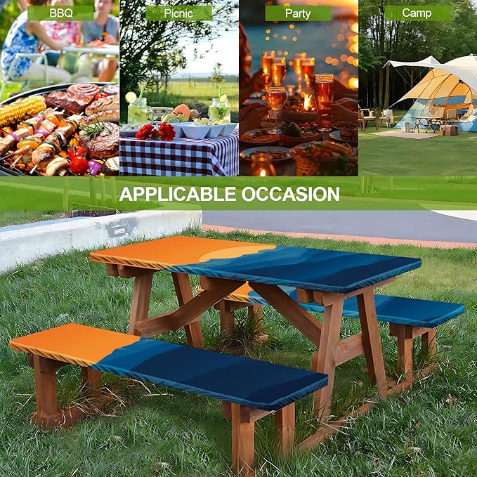 Picnic Table Cover with Bench Covers Set of 3 - Scenic Landscape Mountain Sunset Tablecloth, Elastic Fitted for 6 Ft Tables, Washable Polyester Cover for Camping, Indoor & Outdoor
