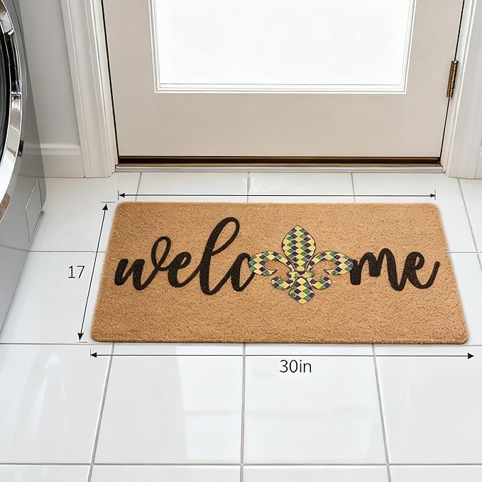 Mardi Gras Welcome Door Mat Outside Entrance, Faux-Coir Thin Doormat, Holiday Outdoor Decoration Outdoor Porch-Rug 17"X30" Non-Slip Dirt-Trapping for Home Garden Farm Spring Decor