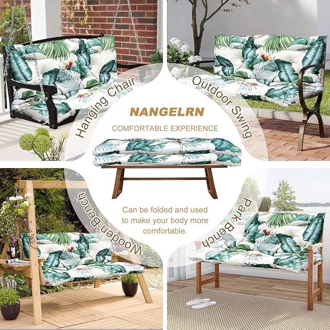 60" Porch Swing Cushion with Backrest, Waterproof Outdoor Bench Swing Cushions 3 Seater Replacement Thickened Swing Cushions with Ties for Patio Garden Backyard,Tropical Leaf,60x40in