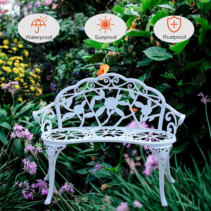 Cast Aluminium Outdoor Bench, Rose Garden Bench for Patio,Park,Lawn,Yard (White)