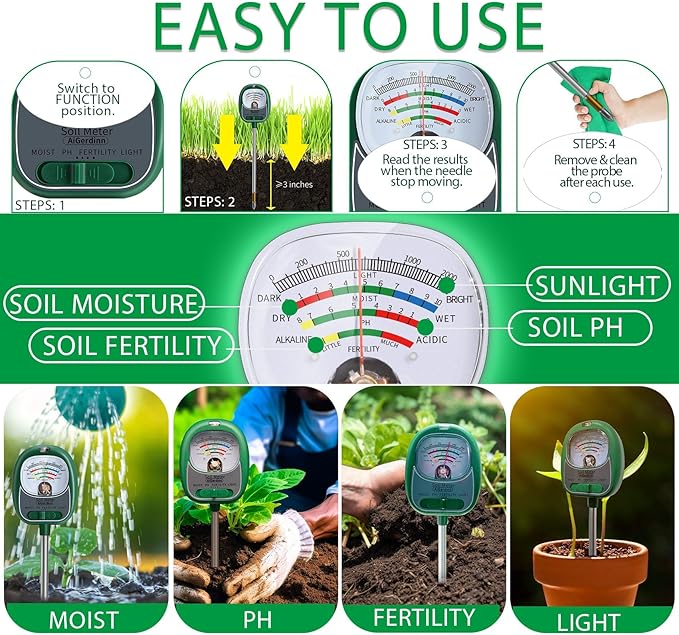 Soil Test Kit, 4-in-1 Soil Moisture Meter/Light/Fertility/Soil PH Meter for Gardening, No Need Battery Soil Tester for Indoor&Outdoor Garden,Farm,Lawn -GrassGreen