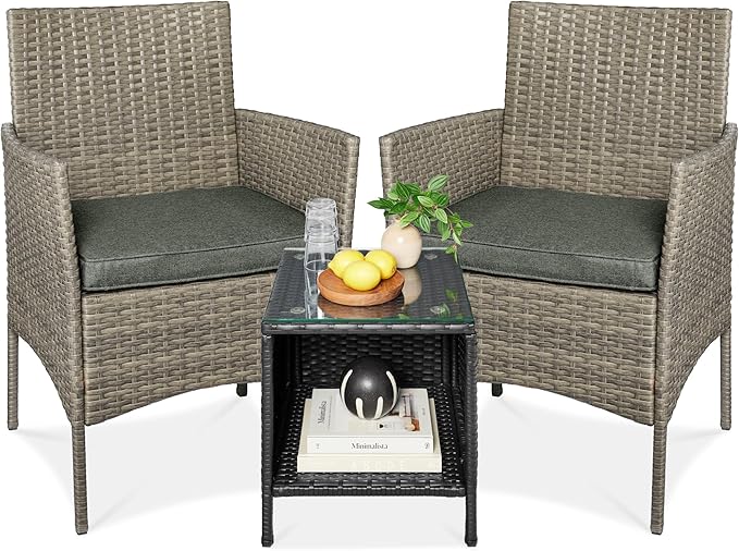 Best Choice Products 3-Piece Outdoor Wicker Conversation Bistro Set, Space Saving Patio Furniture for Garden w/Side Table - Taupe/Slate Green