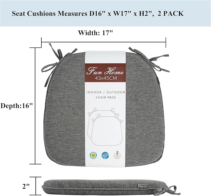 FUNHOME 17"x16"x2" Outdoor Chair Cushions Set of 2, Water Resistant Patio Chair Pads with Ties, Seat Cushions for Home Garden Furniture Decoration-Grey