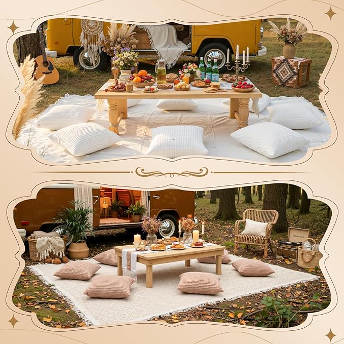 Extra Large Outdoor Boho Picnic Blanket with Table Runner and 6 Throw Pillows Covers Wedding Party Decoration Photoshoot Home Garden Party Decor Patio Lawn Outdoor Mat Beach Party theme Supplies White