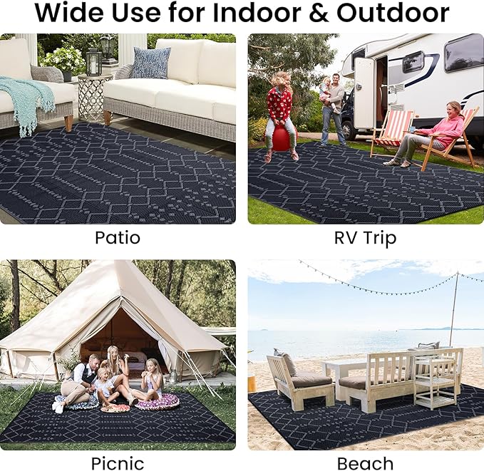 Smiry Outdoor Rug 8x10 ft, Waterproof Reversible Plastic Straw Rugs, Boho Outdoor Area Rug, Outside Floor Mat for Patio, Backyard, Deck, Picnic, Beach, Camping, Dark Grey