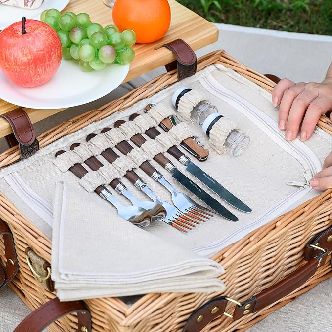 Multifunctional Wicker Picnic Basket Set for 4 with Blanket and Picnic Table, Insulated Picnic Set with Full Tablewares for Camping Outdoor Couples,Natural