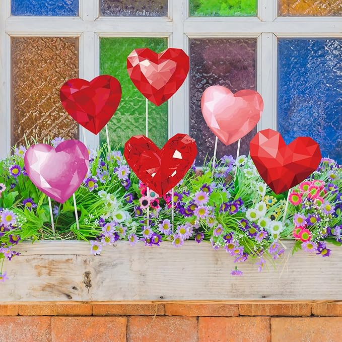 Bucherry 12 Pcs Valentine's Day Diamond Heart Shape Planter Stakes 3D Effect Heart Decorative Garden Yard Stakes Valentines Flower Pots Signs for Home Anniversary Party Outdoor Lawn Decor